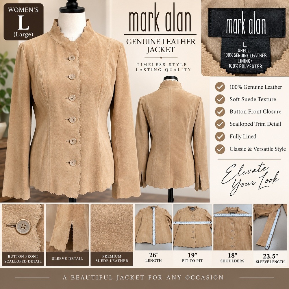 Mark Alan Womens Tan Suede Leather Scalloped Trim Button Front Jacket Size L